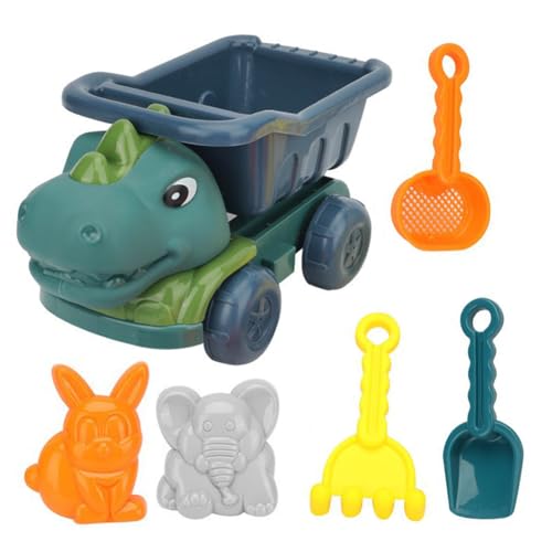 JUCHRZEY 6-teiliges Dinosaurier-Sommer-Strandspielzeug mit Muldenkipper, Sandformen, Schaufel, Rechen, Sandsieb, Sandkasten-Spielzeug für Kinder, Kleinkinder, Jungen und Mädchen von JUCHRZEY