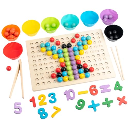 JUCHRZEY Holzbrett Perlenspiel Feinmotorikspielzeug Kleinkind Regenbogenperlen Lernspielzeug Farbsortierspielzeug Mathematikperlen Zählspielzeug für Kleinkinder Geschenk für Mädchen und Jung von JUCHRZEY