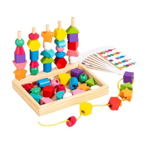 JUCHRZEY Montessori-Spielzeug, Holzperlen-Reihenfolge-Spielzeug-Set, Schnürperlen und Stapelblock, Vorschul-Lernspielzeug, Feinmotorik-Spielzeug für Kleinkinder im Alter von 2 bis 3 Jahren von JUCHRZEY