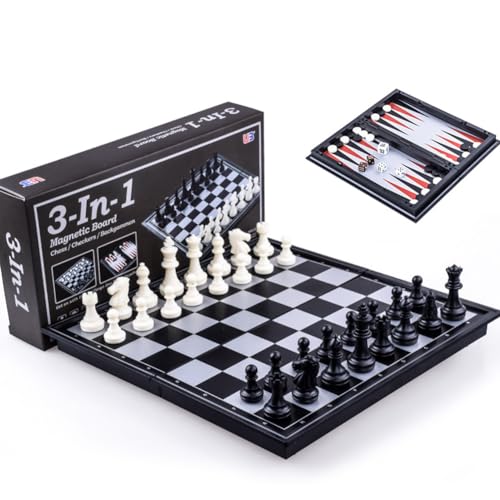 JUCHRZEY Tragbares 3-in-1-Magnet-Klappschachbrett-Set, 10 Zoll, magnetische Schach-Dame, Backgammon-Set, multifunktional, mit klappbarem Schachbrett for Jugendliche, Erwachsene, Anfänger von JUCHRZEY