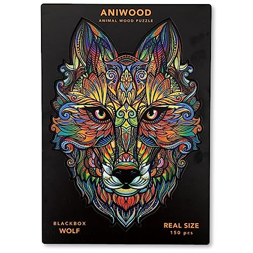 ANIWOOD Holzpuzzle Erwachsene Tieren. Gestanzter Deckel, Lebensgroße Puzzle-Box. 3 Schwierigkeitsmodi, dekoratives Element. Einzigartige Puzzleteile (Wolf, M) von JUEGACONMIGO