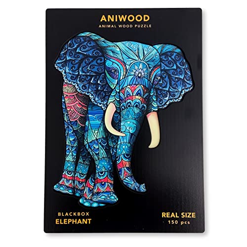 ANIWOOD Holzpuzzle Erwachsene Tieren. Gestanzter Deckel, Lebensgroße Puzzle-Box. 3 Schwierigkeitsmodi, dekoratives Element. Einzigartige Puzzleteile (Elefant, M) von JUEGACONMIGO