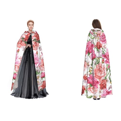 JUEXDEME Garden Peony Printed Hooded Cape Unisex Long Hooded Mantle Smock For Maskerade, Halloween Family Party Costume Cloak, Witch Cosplay - Ideal Christmas & Halloween Decorations von JUEXDEME