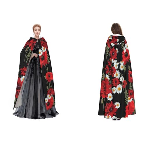 JUEXDEME Kapuzenumhang mit roter Blume und weißem Gänseblümchen, Unisex, langer Kapuzenmantel für Maskerade, Halloween-Familienparty, Kostüm, Umhang, Hexe, Cosplay, ideale Weihnachts- und von JUEXDEME