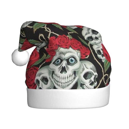 JUEXDEME Weihnachtsmütze mit Totenkopf und roter Rose für Erwachsene, Feiertage, festliche Partys, Unisex, saisonale lustige Kopfbedeckung, das ultimative Winterwärme-Geschenk in leuchtendem Rot und von JUEXDEME