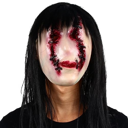 JUFKGBAR-Cosplay Kostüm Maske Halloween Geist Gesichtsmaske Langhaar Sadako Maske Lustige Accessoires Horror Gesichter von JUFKGBAR