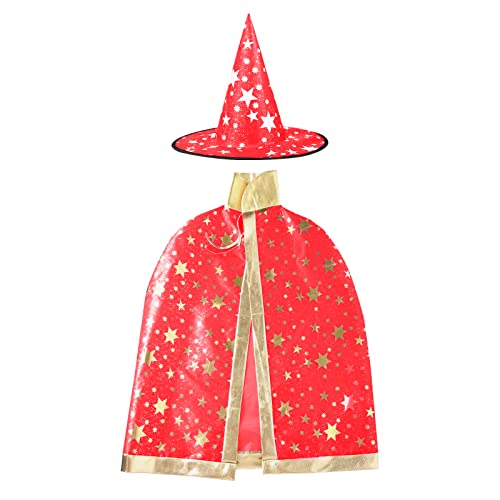 Halloween Zauberer Kostüm, Zauberer Umhang mit Hut Magie Halloween Kostüme für Kinder Junge Mädchen Kostüm Cosplay Festivel Party Rot von Deolven