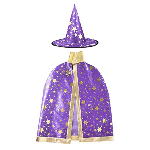 Halloween Zauberer Kostüm, Zauberer Umhang mit Hut Magie Halloween Kostüme für Kinder Junge Mädchen Kostüm Cosplay Festivel Party Violett von Deolven