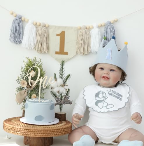 Baby First Birthday Party Dekorationen Blau Hochstuhl Banner Krone Kuchen Topper Erster Geburtstag Party Dekorationen von JUIIZAY