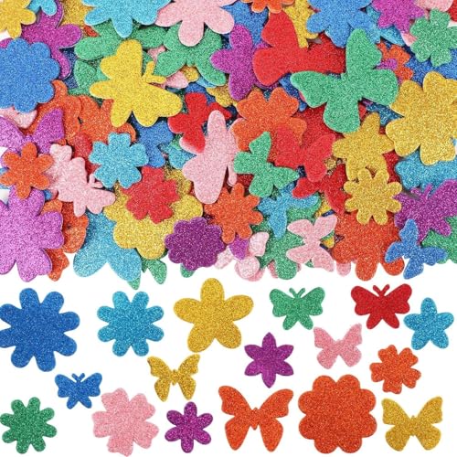 JULBEAR 200 Stücke Frühling Glitter Schaum Aufkleber Bulk Selbstklebende Bunte Blume Schmetterling Formen Schaum Aufkleber für Kunsthandwerk DIY Scrapbooking Karten Dekoration Zuhause DIY Zubehör von JULBEAR