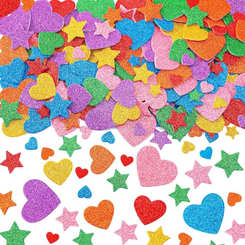 JULBEAR Glitzernde Schaumstoff Aufkleber, 300 Stück Bunte Sterne Herz Sticker Kinder Moosgummi Glitzer Basteln Selbstklebende Sterne Herz Glitzer Sticker DIY Filz Aufkleber für Party Dekoration von JULBEAR