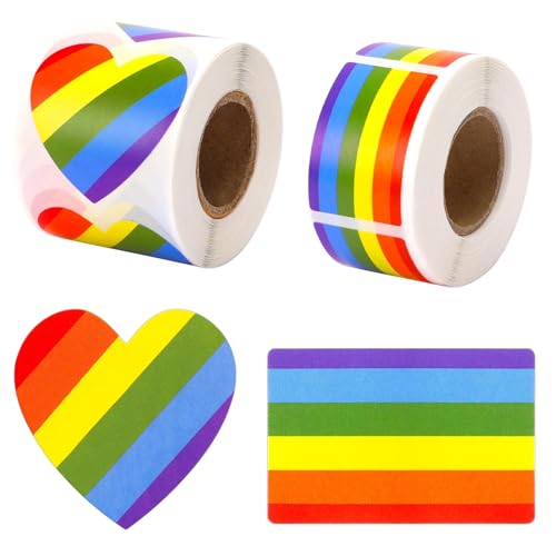 JULBEAR Pride Sticker, LGBT Sticker 600 Stück Regenbogen Sticker Selbstklebende Regenbogenflagge Aufkleber Heart Sticker 2 Rolle Pride Aufkleber für Pride Parades von JULBEAR