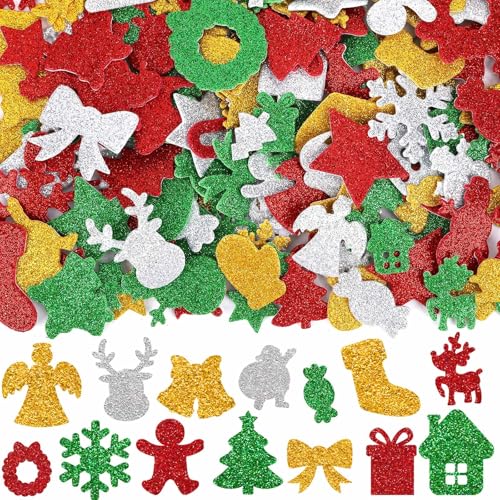 JULBEAR Schaumstoff Weihnachtssticker, 300 Stück Glitzernde Weihnachtssticker Weihnachten Aufkleber Selbstklebende Moosgummi Weihnachtsaufkleber für Weihnachtsfeiertage Basteln Party von JULBEAR