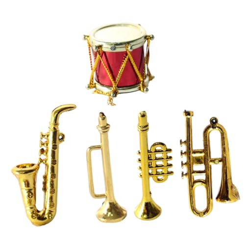 JUMPLAWN 1 Satz Mini Saxophon Miniatur Trommel Mini Instrumente Trommeln Musikinstrumente Mini Baumhaus Trompetenspielzeug Jazz Piccolo Waldhorn Kunststoff Golden von JUMPLAWN