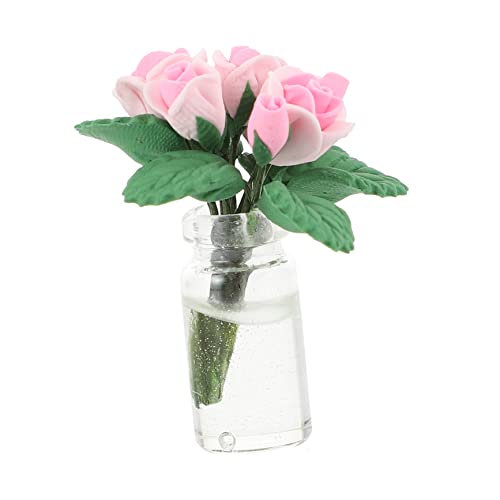 JUMPLAWN Puppenhaus Rosen Miniatur Abs Vase Künstliche Pflanzen Ornament Rosendekor Eingetopft Mini-töpfe Mini -gartendekoration Kleiner Rosenbonsai Rosen-Bonsai-minihaus Ton Rosa von JUMPLAWN