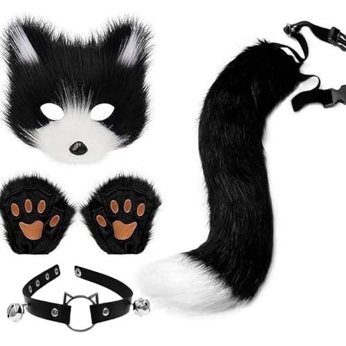 JUNCANCOS 4 Set Furry Fuchs Maske mit Paws Katzen Kostüm Schwanz Handschuhe Set Therian Mask Halloween Cosplay (Style A) von JUNCANCOS