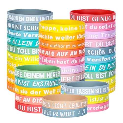 JUNEBRUSHS Motivationsarmbänder, 30 Stück Inspirierende Silikon Armbänder Silikonarmband mit Positiven Sprüchen Mutmacher Geschenke Party Mitgebsel für Schüler Teenager Kinder von JUNEBRUSHS