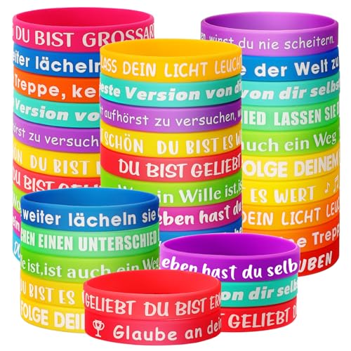 JUNEBRUSHS Motivationsarmbänder, 30 Stück Silikonarmband mit Positiven Sprüchen Inspirierende Silikon Armbänder Glücksbringer Kinder Mutmacher Geschenke Party Mitgebsel für Schüler Teenager Kinder von JUNEBRUSHS