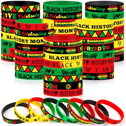 JUNEBRUSHS Silikon-Armbänder mit Aufschrift "Happy Black History Month", Partyzubehör, Partyzubehör, Dekorationen, Geschenktüten, Füllstoffe, Zubehör (8 Designs), 64 Stück von JUNEBRUSHS