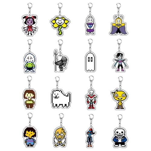 16 Pcs Under Tale Schlüsselanhänger Anime Sans Papyrus Frisk Flowey Figur Cosplay Zubehör Under Tale Acryl Anhänger Set von JUSONGKWCP