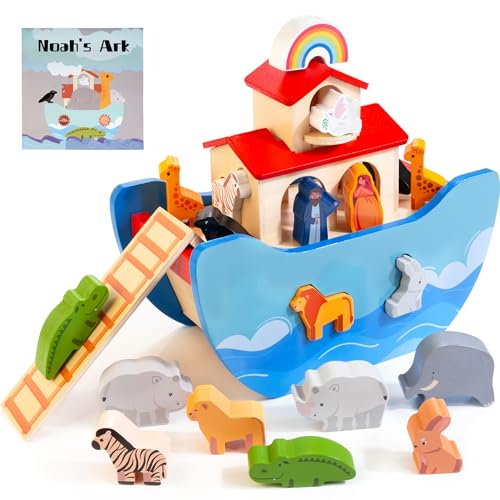 JUSTWOOD Balancierspiel Arche Holzspielzeug Arche Noah Spielzeug Montessori Spielzeug Tier Sortier Stapel für Kinder ab 1 Jahr Bibel Geschichte Spielzeug Taufgeschenk für Jungen und Mädchen von JUSTWOOD