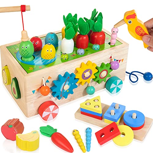 JUSTWOOD 8-in-1 Montessori Spielzeug ab 1 Jahr, Formspiel Angelspiel Specht Fang Würmer Labyrinth Zahnräder Perlen, Geschenk für Kinder im Alter von 1 2 3 4 von JUSTWOOD