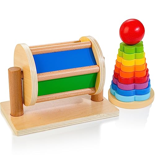 JUSTWOOD Montessori Spinntrommel aus Holz Stapelspielzeug für Säugling 6-12 Monate Regenbogenstapler Spinning Drum Lernspielzeug für Kleinkinder Geschenk für Baby Jungen Mädchen ab 1 Jahr von JUSTWOOD