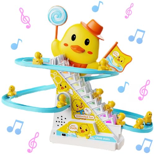 JUXINE Ente Treppensteigen Spielzeug, 9 Stück Elektrische Ente Treppensteigen Spielzeug,Achterbahn Musik Montessori Baby Spielzeug, Track Slide Stairs Coaster Spielzeug für Kleinkinder von JUXINE