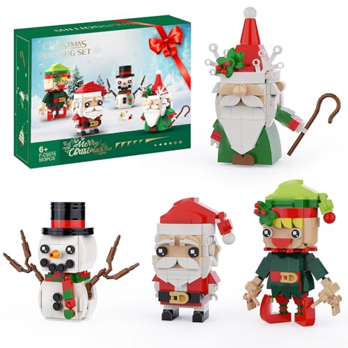 JVAVNE Iconic Christmas 4er Set Bausteine, Weihnachtsmann GNOME Weihnachten Elf Schneemann Klemmbausteine Bausatz, Strumpf Füller Dekor, Weihnachten Spielzeug Geschenk für Erwachsene Kinder 563 Teile von JVAVNE