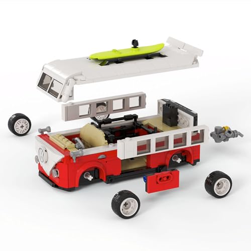 JVAVNE Retro Wohnmobil Auto Bausteine Set mit Schaukasten, Modulare Mini Camper Van Klemmbausteine Bausatz, Auto Sammelbares Spielzeug, Geschenk für Erwachsene und Kinder, 510 Teile von JVAVNE