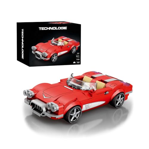 Retro Rennwagen Speed Bausteine Set, 1:24 Chevroleet Corvette C1 Cabrio Sportwagen Klemmbausteine Modell Kit, 311 Teile Kompatibel LEG Weinlese Superauto Spielzeug Geschenk für Erwachsene Kinder von JVAVNE