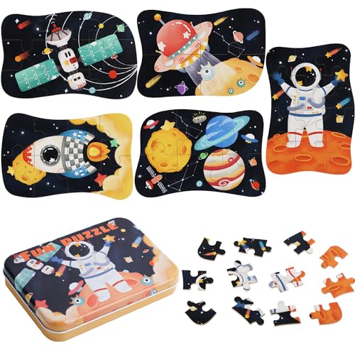 JVBAJV 5 PCS Kinderpuzzle, Mini Puzzle Kinder, Stronauten im Weltraum Puzzle Spielzeug, Kosmischer Planet Holzpuzzle für Kinder, Holzpuzzle Tier Kinder Geschenk für Jungen Mädchen von JVBAJV