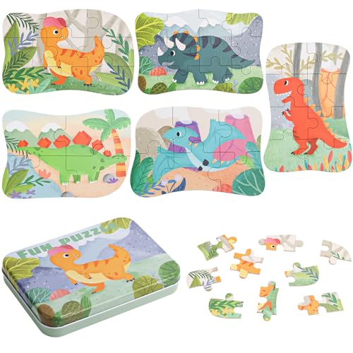 JVBAJV 5 PCS Kinderpuzzle Dinosaurier, Mini Puzzle Kinder, Dinosaurier Puzzle für Kinder, Dino Puzzle ab 2 3 4 5 6 Jahre, Dinosaurierpuzzles mit Box Geschenk für Jungen oder Mädchen von JVBAJV