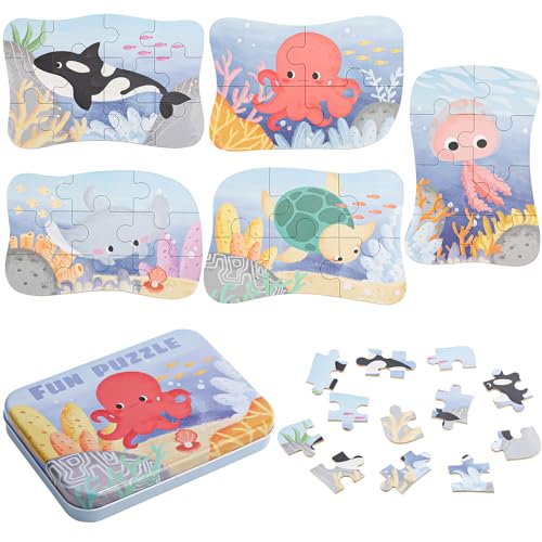 JVBAJV 5 PCS Kinderpuzzle Meerestier, Mini Puzzle Kinder, Meerestier Holzpuzzle für Kinder, Ocean Lernspiele Puzzle Spielzeug, Holzpuzzle Tier Kinder Geschenk für Jungen Mädchen von JVBAJV