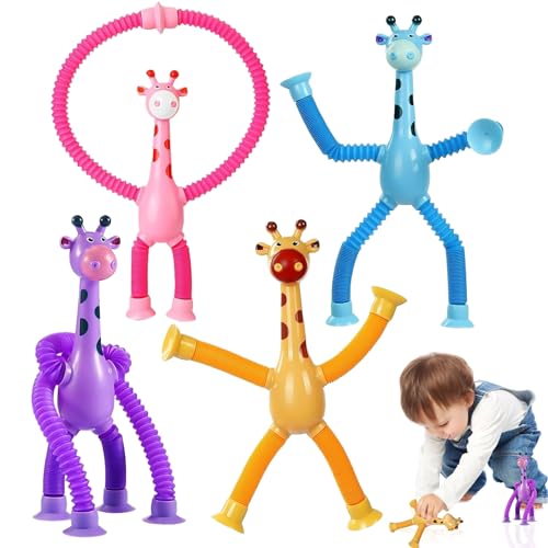 4 Stück Teleskop Giraffe Saugnapf Spielzeug, Telescopic Suction Cup Giraffe Toy, Sensorisches Giraffen-Spielzeug, Lustiges Pädagogisches Stressabbau-Spielzeug für Kinder Erwachsene von JWDMHSJ