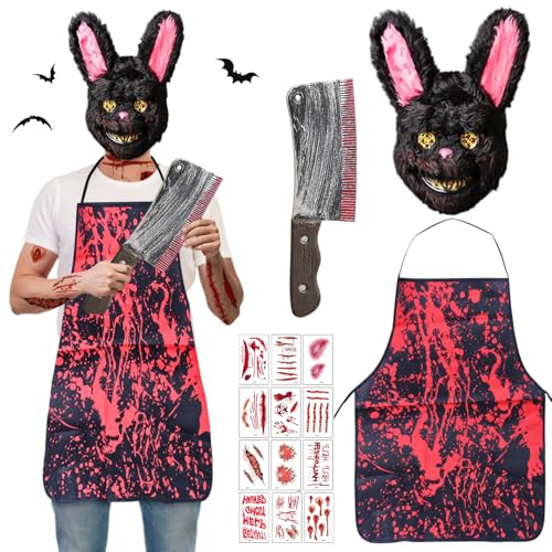 Horror-Kaninchen, halloween kostüm herren, horror-kaninchen kostüm, Kunstblut Halloween Beil, Schürze & Tattoos, Erwachsene & Teenager Eine Größe passt allen,für Frauen Männer Halloween (Schwarz) von JWDMHSJ