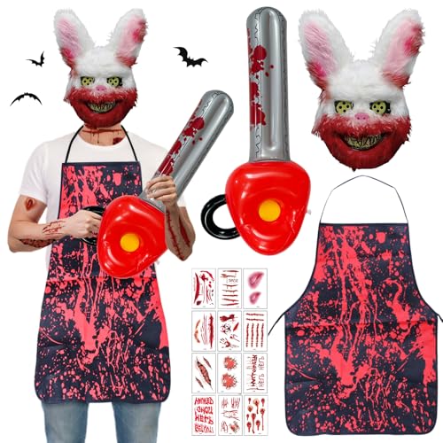 JWDMHSJ Horror Hase Kostüm, Horror-Kaninchen, 4pcs Horror Kaninchen Halloween Kostüme, halloween kostüm herren, horror-kaninchen kostüm, Kunstblut Halloween Beil, Schürze & Tattoos (B) von JWDMHSJ