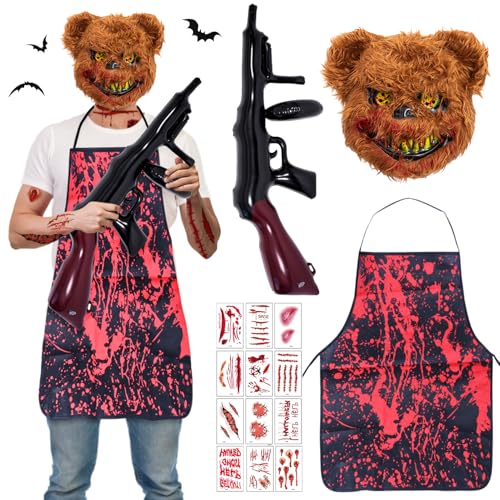 Horror-Bär Kostüm, Halloween Kostüm Herren, Gruseliges Halloween-Bär-Masken-Set, Kunstblut Halloween Beil, Schürze & Tattoos, für Halloween Fasching von JWDMHSJ