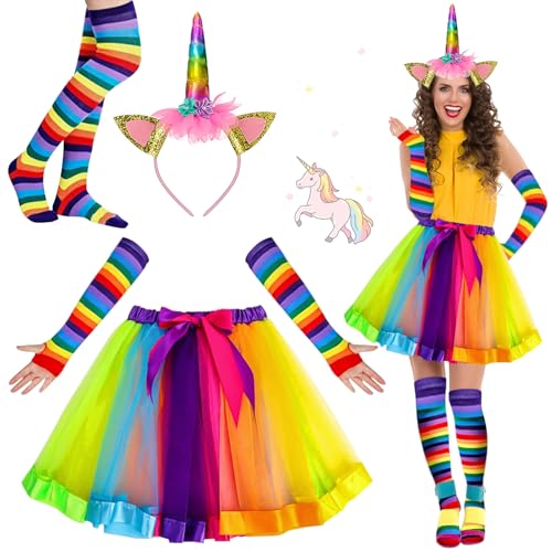 JWDMHSJ Einhorn kostüm, damen Einhorn kostüm erwachsene, halloween kostüm einhorn, tüllrock Faschingskostüme damen, mit Ohren Tutu Rock Kniestrümpfe und Lange Handschuhe Einhorn von JWDMHSJ