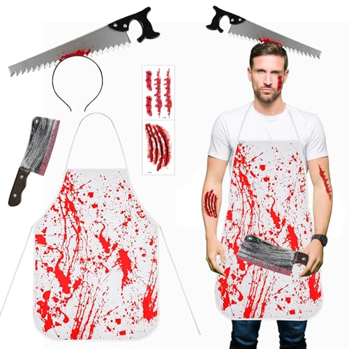 JWDMHSJ Halloween Schlachter, Halloween Kostüm Metzger, Schürze für Damen Herren, mit Halloween Narben Tattoos, Erwachsene Halloween Zombie Fasching Karneval Dekoration von JWDMHSJ