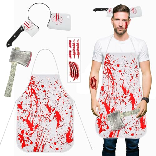 JWDMHSJ Halloween Schlachter, Halloween Kostüm Metzger, Schürze für Damen Herren, mit Halloween Narben Tattoos, Erwachsene Halloween Zombie Fasching Karneval Dekoration von JWDMHSJ