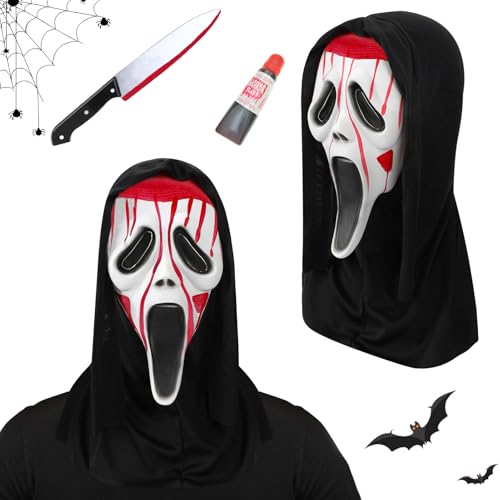 JWDMHSJ Scream Maske, Ghostface Maske, Halloween Schrei Maske, Halloween Ghostface Kostüm Set mit Blutigem Kunststoffmesser Halloween Ghostface Mask, Party Gruselmaske Cosplay Requisiten von JWDMHSJ