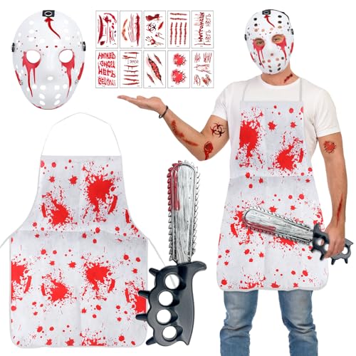 Halloween Kettensäge Mann Kostüm, Kettensägen-Killer Kostüm, Halloween Gruselige Maske, Kommt mit 10 Aufklebern (A) von JWDMHSJ