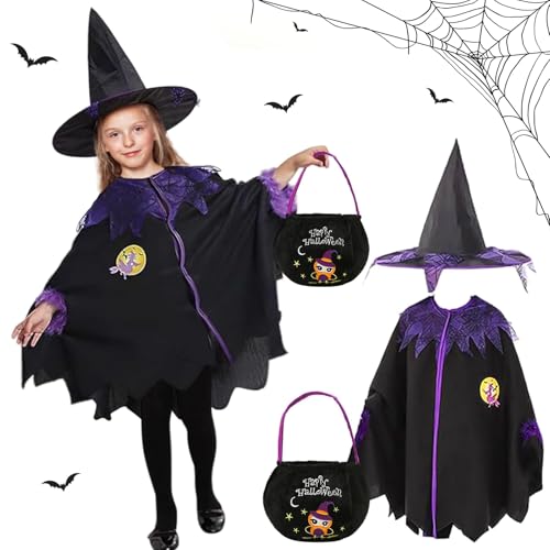 JWDMHSJ Hexenkostüm Mädchen, Halloween Umhang Kinder mit Hut und Halloween Tüten, Halloween hexenumumhang kinder, hexenumhang kinder, Halloween kinder kostüm, Für fasching karneval cosplay party von JWDMHSJ