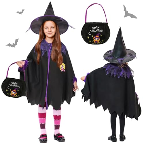 JWDMHSJ Hexenkostüm Mädchen, Halloween Umhang Kinder mit Hut und Halloween Tüten, Halloween hexenumumhang kinder, hexenumhang kinder, Halloween kinder kostüm, Für fasching karneval cosplay party von JWDMHSJ