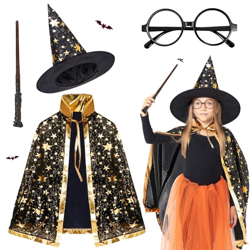 Zauberer Kostüm Kinder, Kinder Halloween Kostüm, wizard cape witch umhang mit hut, hexe zauberer umhang mit hut für kinder, Zauberer Mantel Kinder mit Requisiten für Jungen Mädchen Cosplay party (A) von JWDMHSJ