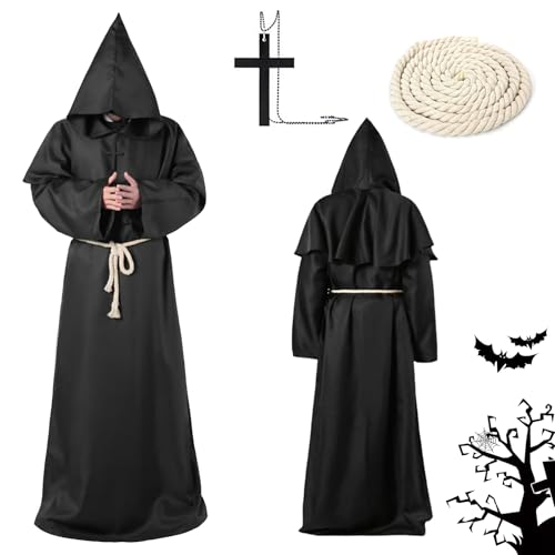 JWDMHSJ Mönch robe kostüm, mönch kostüm mit Kapuze, Kordel und Kreuz, herren kapuze mönch robe, Männer Prister Gewand Kostüm, schwarze mönch robe für Mottoparty, Halloween, Karneval und Fasching (XL) von JWDMHSJ