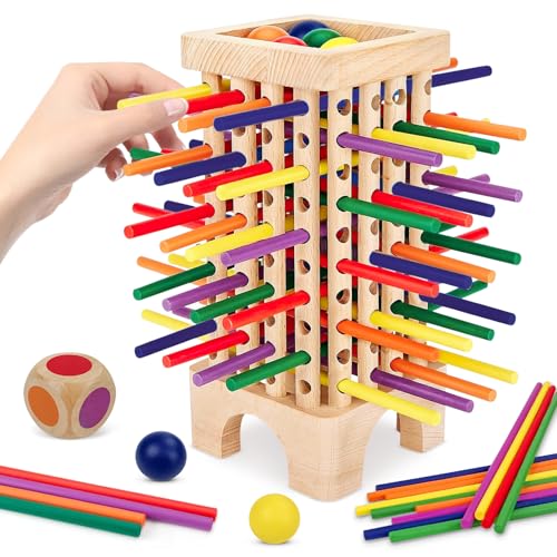 JWDMHSJ Montessori Spiel Brettspiel aus Holz, 42 Stück Bunte Holzstäbchen Würfelspiel, Würfelspiel für die Familie, Mathe & Feinmotorik Spielzeug, Kinderspiele Reisespiel ab 3 4 5 6 Jahren von JWDMHSJ