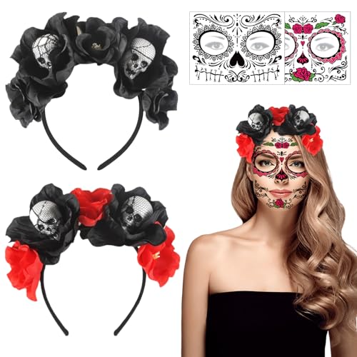 JWDMHSJ 2 Stück Tag der Toten Haarreif, Dia de Muertos Haarreif mit schwarzen Rosen & Totenkopf Deko, Haarschmuck Tag der Toten mit Gesicht Tattoos, Für Cosplay Karneval Fasching Mottoparty von JWDMHSJ