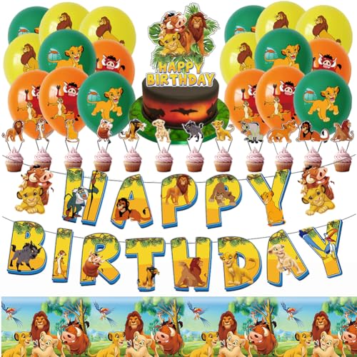 35PCS Lion Kindergeburtstag Deko,Löwen Sthema Ballons,King Cartoon Anime Geburtstag Dekoration Set, Happy Birthday Banner, Cupcake Toppers, Tischdecke, Geburtstagsdeko Mädchen Jungen von JWKLYZH